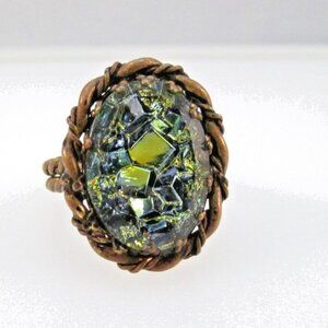 Vintage Blue Green Art Glass Twisted Copper Adjustable Ring